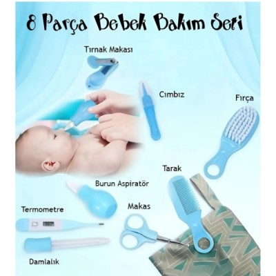 8 Parça Bebek Bakım Seti Mavi Renk 8 Parça Bebek Bakım Seti Mavi Renk