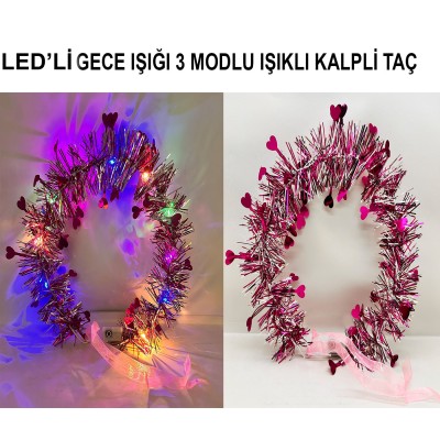 Kalp Püsküllü 3 Modlu LED Işıklı Taç Fuşya Renk Kalp Püsküllü 3 Modlu LED Işıklı Taç Fuşya Renk