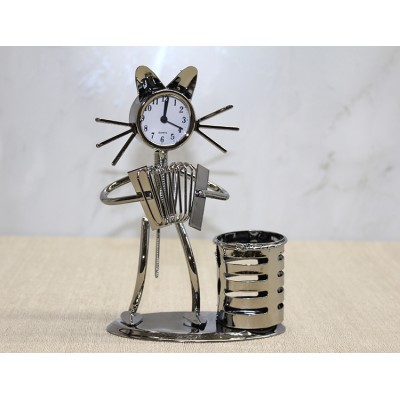 Metal Akordiyon Çalan Müzisyen Kedi Müzisyen Saat Ve Kalemlik