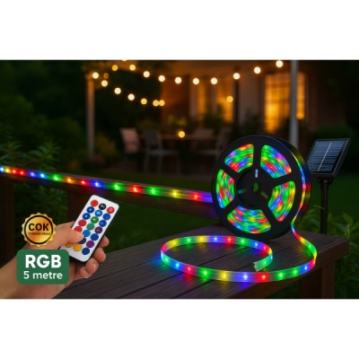 Güneş Enerjili RGB 5 Metre Şerit LED Kamp ve Bahçe Aydınlatması Güneş Enerjili RGB 5 Metre Şerit LED Kamp ve Bahçe Aydınlatması