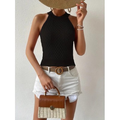 Kadın Kolsuz Halter Yaka Mini Baklava Desenli Triko Bluz Kadın Kolsuz Halter Yaka Mini Baklava Desenli Triko Bluz