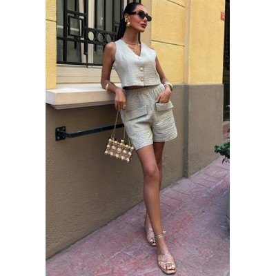 Mini Yelekli Şortlu Keten Takım 10176-08 Mini Yelekli Şortlu Keten Takım 10176-08