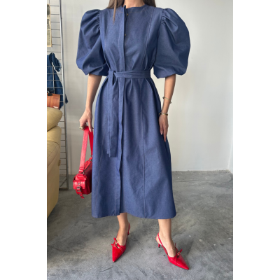 TENCEL KARPUZ KOL ELBİSE - İndigo TENCEL KARPUZ KOL ELBİSE - İndigo