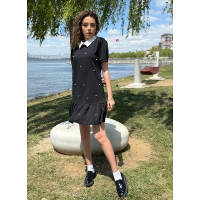 Kadın Kısa Kollu Yakalı Inci Detaylı Kısa Ithal Krep Elbise Kadın Kısa Kollu Yakalı Inci Detaylı Kısa Ithal Krep Elbise
