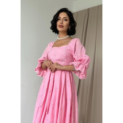 Pembe Kolu Lastikli Brode Elbise Pembe Kolu Lastikli Brode Elbise