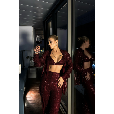 PUL PAYET 3 LÜ TAKIM - CEKET-BÜSTİYER-PANTOLON - Bordo PUL PAYET 3 LÜ TAKIM - CEKET-BÜSTİYER-PANTOLON - Bordo