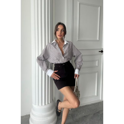 YAKA VE MANŞET BEYAZ BOYFRİEND ÇİZGİLİ POPLİN GÖMLEK - Kahverengi YAKA VE MANŞET BEYAZ BOYFRİEND ÇİZGİLİ POPLİN GÖMLEK - Kahverengi