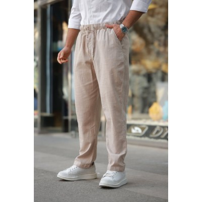 Erkek Beli Lastikli Keten Rahat Pantolon