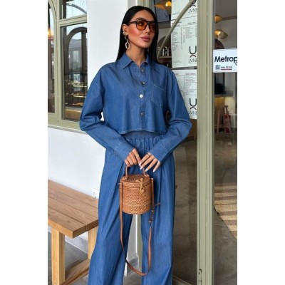 Denim Gömlek Plazzo Pantolon Takım 10163-08 Denim Gömlek Plazzo Pantolon Takım 10163-08