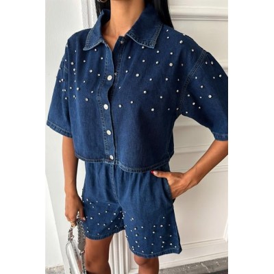 Taş Detaylı Gömlek Şort Denim Takım 10175 Taş Detaylı Gömlek Şort Denim Takım 10175