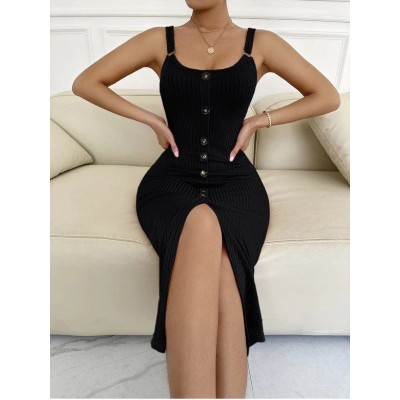 Kadın Kolsuz Askı Halka Detay önü Düğmeli Midi Boy Yırtmaçlı Fitilli Kaşkorse Elbise Kadın Kolsuz Askı Halka Detay önü Düğmeli Midi Boy Yırtmaçlı Fitilli Kaşkorse Elbise