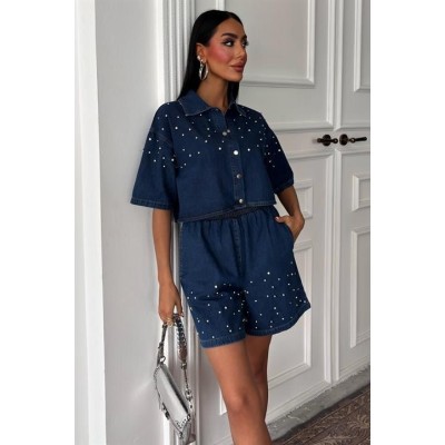 Taş Detaylı Gömlek Şort Denim Takım 10175 Taş Detaylı Gömlek Şort Denim Takım 10175