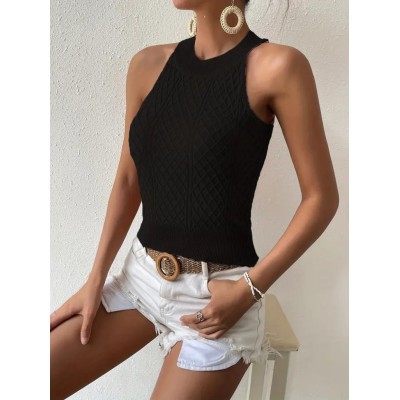 Kadın Kolsuz Halter Yaka Mini Baklava Desenli Triko Bluz Kadın Kolsuz Halter Yaka Mini Baklava Desenli Triko Bluz