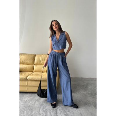 TENCEL CROP KOLSUZ GÖMLEK - PANTOLON TAKIM - İndigo TENCEL CROP KOLSUZ GÖMLEK - PANTOLON TAKIM - İndigo