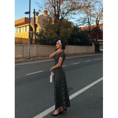 Kadın Kısa Kollu Bisiklet Yaka Puantiyeli Maksi örme Krep Elbise Kadın Kısa Kollu Bisiklet Yaka Puantiyeli Maksi örme Krep Elbise