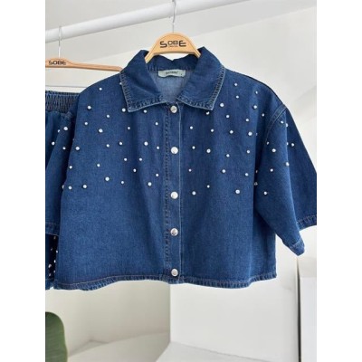 Taş Detaylı Gömlek Şort Denim Takım 10175 Taş Detaylı Gömlek Şort Denim Takım 10175