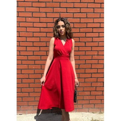 Kadın Ithal Krep Kumaş Kruvaze Yaka Eteği Kloş Kolsuz Mini Elbise Kadın Ithal Krep Kumaş Kruvaze Yaka Eteği Kloş Kolsuz Mini Elbise