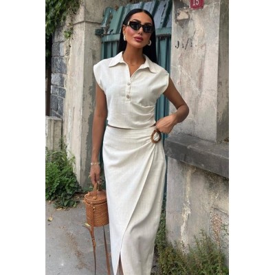 Bluzu Büzgülü Ve Eteği Tokalı Keten Takım 10204 Bluzu Büzgülü Ve Eteği Tokalı Keten Takım 10204