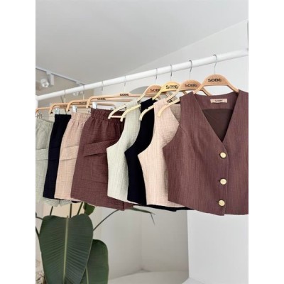 Mini Yelekli Şortlu Keten Takım 10176-08 Mini Yelekli Şortlu Keten Takım 10176-08