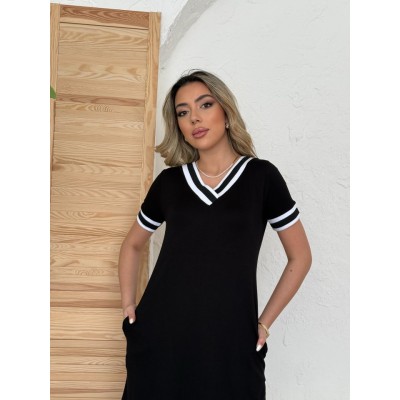 Kadın Kısa Kollu V Yaka Kol Ve Yaka Ribana Detay Midi Boy Viskon Elbise Kadın Kısa Kollu V Yaka Kol Ve Yaka Ribana Detay Midi Boy Viskon Elbise
