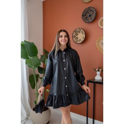Siyah Eteği Büzgülü Deri Elbise Siyah Eteği Büzgülü Deri Elbise
