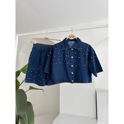 Taş Detaylı Gömlek Şort Denim Takım 10175 Taş Detaylı Gömlek Şort Denim Takım 10175