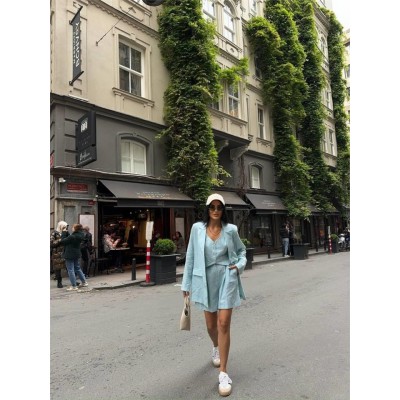 ÇİZGİLİ KETEN CEKET YELEK ŞORT TK - Yeşil ÇİZGİLİ KETEN CEKET YELEK ŞORT TK - Yeşil
