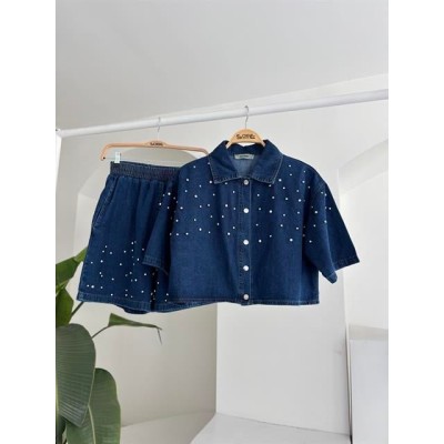 Taş Detaylı Gömlek Şort Denim Takım 10175 Taş Detaylı Gömlek Şort Denim Takım 10175