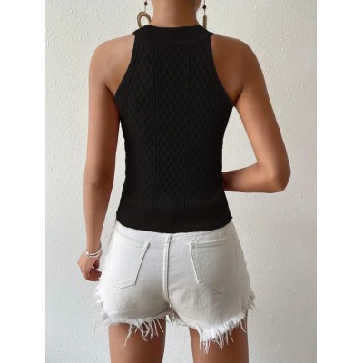Kadın Kolsuz Halter Yaka Mini Baklava Desenli Triko Bluz Kadın Kolsuz Halter Yaka Mini Baklava Desenli Triko Bluz