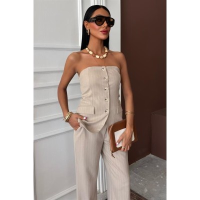 Straplez Büstiyerli Plazzo Pantolonlu Çizgili Takım 10151 Straplez Büstiyerli Plazzo Pantolonlu Çizgili Takım 10151