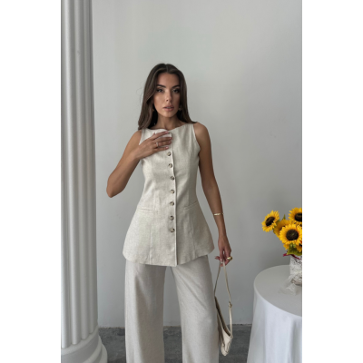 KETEN YELEK - PANTOLON TAKIM - Taş KETEN YELEK - PANTOLON TAKIM - Taş