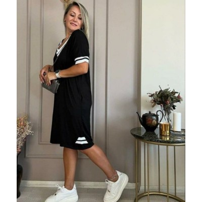Kadın Kısa Kollu V Yaka Ribana Detaylı Cepli Dizüstü Viskon Elbise Kadın Kısa Kollu V Yaka Ribana Detaylı Cepli Dizüstü Viskon Elbise
