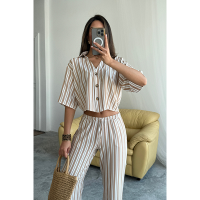 ÇİZGİLİ CROP GÖMLEK - SALAŞ PANTOLON TAKIM MODAL - Bej ÇİZGİLİ CROP GÖMLEK - SALAŞ PANTOLON TAKIM MODAL - Bej
