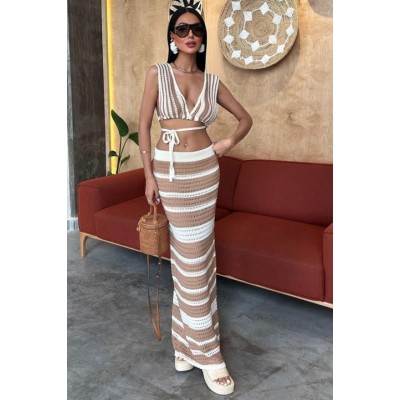 Çizgili Bikini Üst Ve Etek Triko Takım 10110 Çizgili Bikini Üst Ve Etek Triko Takım 10110