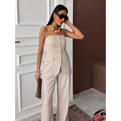Straplez Büstiyerli Plazzo Pantolonlu Çizgili Takım 10151 Straplez Büstiyerli Plazzo Pantolonlu Çizgili Takım 10151