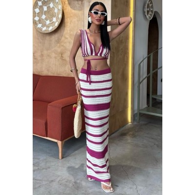 Çizgili Bikini Üst Ve Etek Triko Takım 10110 Çizgili Bikini Üst Ve Etek Triko Takım 10110