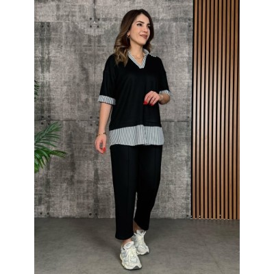 Kadın Modal Kumaş çizgili Gömlek Yaka Ikili Takım Kadın Modal Kumaş çizgili Gömlek Yaka Ikili Takım