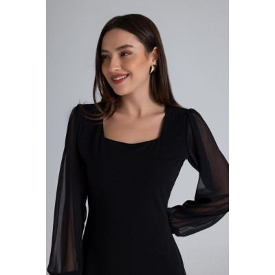 Kadın Kare Yaka Kolları Tül Sandy Kumaş Fırsat ürün Mini Siyah Elbise Kadın Kare Yaka Kolları Tül Sandy Kumaş Fırsat ürün Mini Siyah Elbise