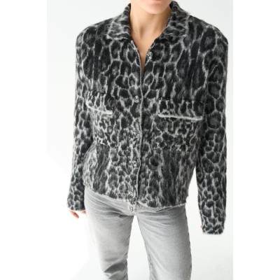 Leopar Desen Jakarlı Hırka - Siyah-Açık Gri Leopar Desen Jakarlı Hırka - Siyah-Açık Gri
