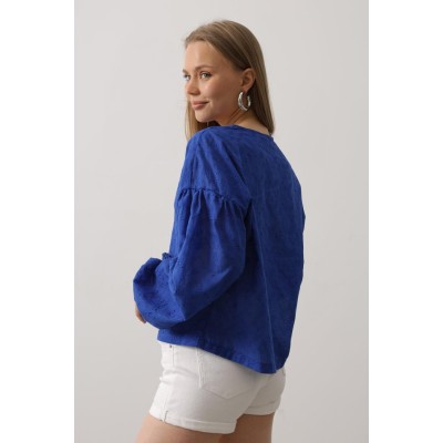 Kalp Detaylı Bağlamalı Brode Bluz - Saks Kalp Detaylı Bağlamalı Brode Bluz - Saks