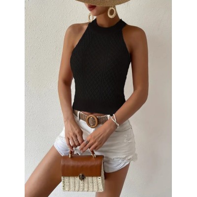 Kadın Kolsuz Halter Yaka Mini Baklava Desenli Triko Bluz Kadın Kolsuz Halter Yaka Mini Baklava Desenli Triko Bluz