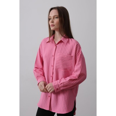 Çizgili Tek Cep Gömlek - Pembe Çizgili Tek Cep Gömlek - Pembe