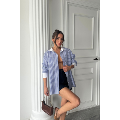 YAKA VE MANŞET BEYAZ BOYFRİEND ÇİZGİLİ POPLİN GÖMLEK - Mavi YAKA VE MANŞET BEYAZ BOYFRİEND ÇİZGİLİ POPLİN GÖMLEK - Mavi