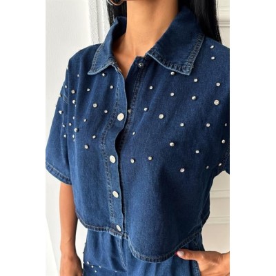 Taş Detaylı Gömlek Şort Denim Takım 10175 Taş Detaylı Gömlek Şort Denim Takım 10175