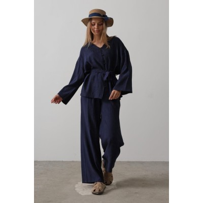Beli Bağlamalı Tunik Ve Beli Bağlamalı Pantolon Takım - Lacivert Beli Bağlamalı Tunik Ve Beli Bağlamalı Pantolon Takım - Lacivert