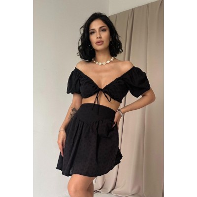 Siyah Brode Crop Ve Mini Etek Takım Siyah Brode Crop Ve Mini Etek Takım