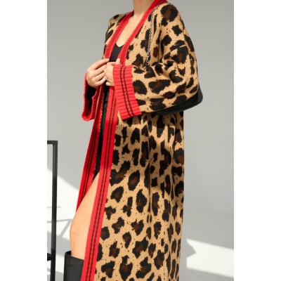 Uzun Leopar Hırka - Camel-Kırmızı Uzun Leopar Hırka - Camel-Kırmızı