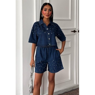 Taş Detaylı Gömlek Şort Denim Takım 10175 Taş Detaylı Gömlek Şort Denim Takım 10175