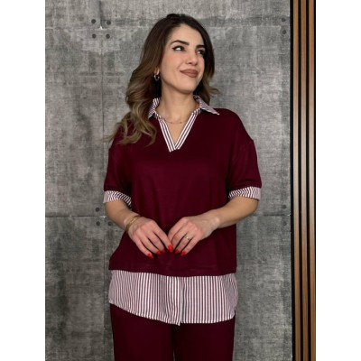 Kadın Modal Kumaş çizgili Gömlek Yaka Ikili Takım Kadın Modal Kumaş çizgili Gömlek Yaka Ikili Takım