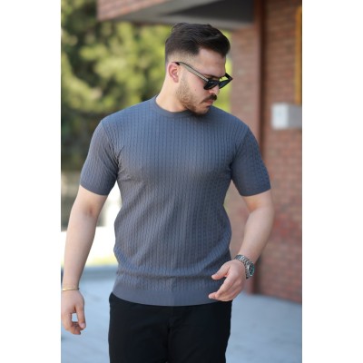 Erkek Bisiklet Yaka örgü Desenli Kısa örme Triko Kısa Kollu T-shirt
